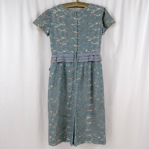 Vintage Handmade Galloon Lace Overlay Midi Dress in Slate Blue with Cream Lining - Picture 2 of 12